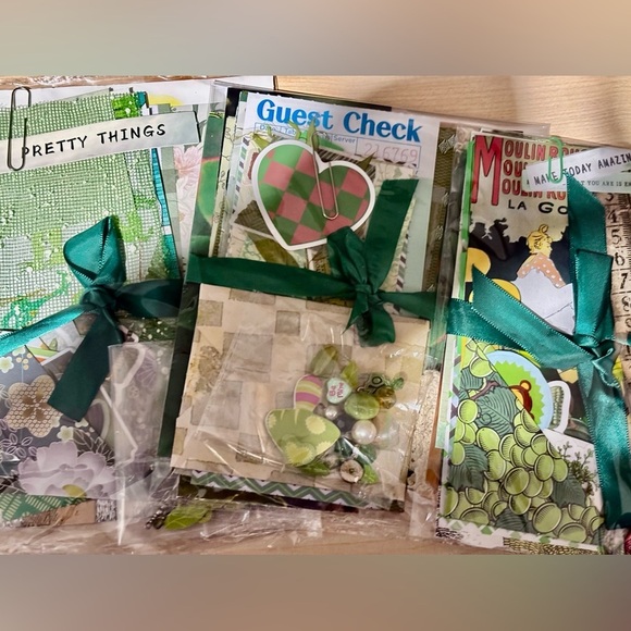 Other - Green Junk journal scrapbook mystery scrap cut supplies ephemera beads collage